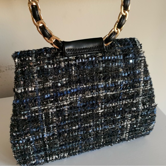 Mini Tweed Blue Black White Fabric Gold Chain Link Shoulder Handbag - Picture 5 of 14